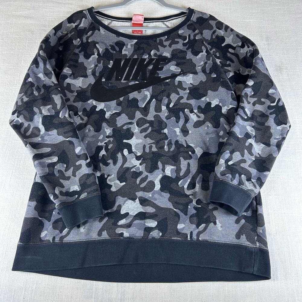 Nike Women Sweatshirt Medium Gray Camo‎ Logo Rally AOP Scoop Neck Pullover